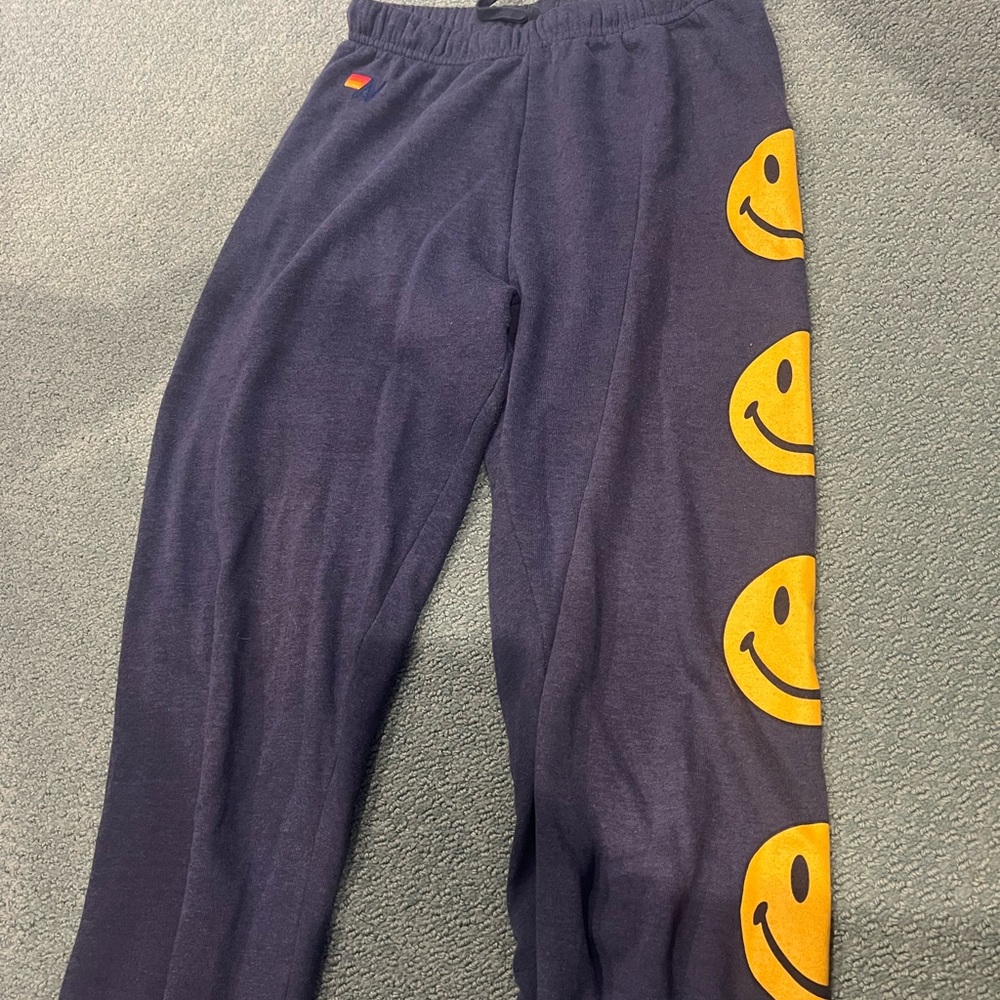 Navy blue aviator nation sweatpants with smiley faces size small